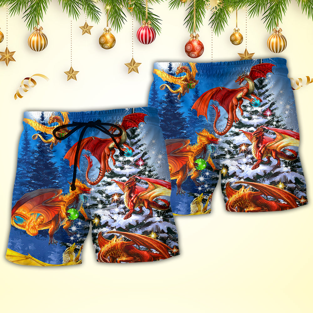 Christmas Dragon Family In Love Light Art Style - Beach Short - Owls Matrix LTD