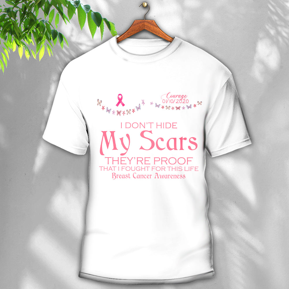 Breast Cancer Awareness I Don't Hide My Scars - Round Neck T-shirt - Owls Matrix LTD