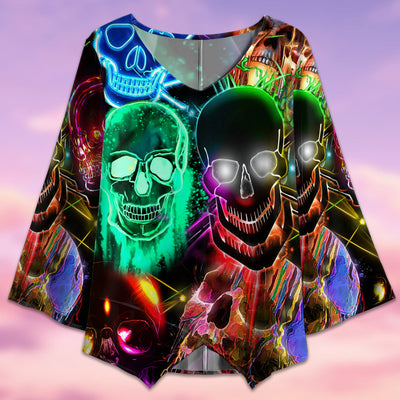 Skull Glowing Colorful Lighting - V-neck T-shirt - Owls Matrix LTD