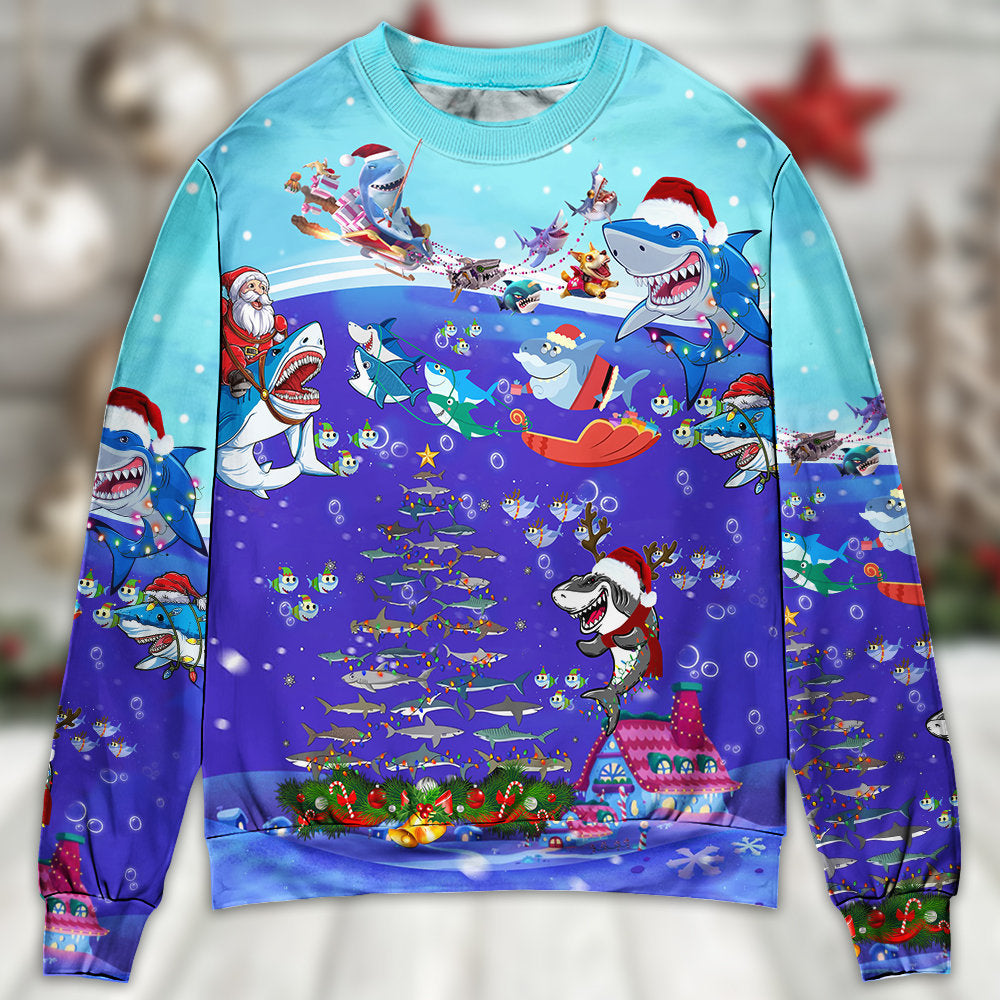 Christmas Santa Shark Sits On Rockets And Brings Gifts To Ocean - Sweater - Ugly Christmas Sweaters - Owls Matrix LTD