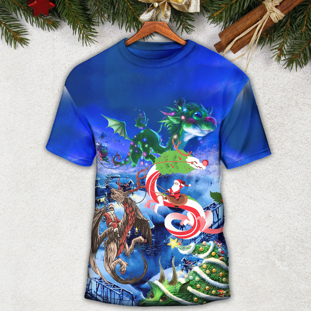 Christmas Santa Riding A Dragon - Round Neck T-shirt - Owls Matrix LTD