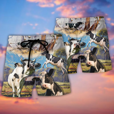 Cow Funny Dancing In The Australian Landscape Lover Cattle Art Style - Beach Short - Owls Matrix LTD