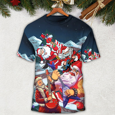Christmas Santa With Electric Guitar - Round Neck T-shirt - Owls Matrix LTD