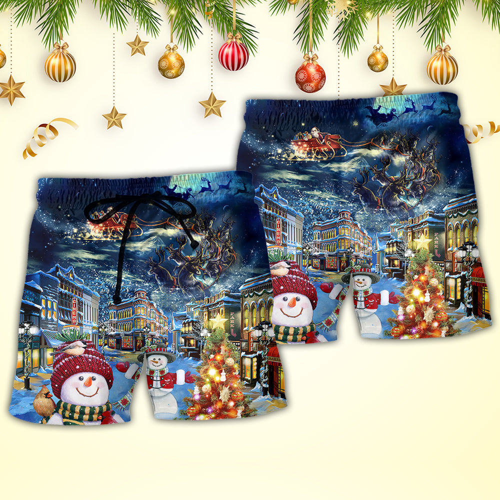Christmas Family Snowman Santa Claus In Love Light Art Style - Beach Short - Owls Matrix LTD
