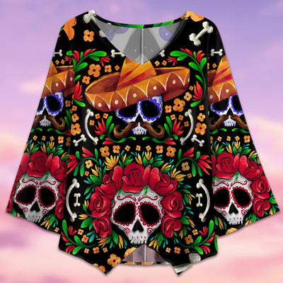 Sugar Skull Flower Skull Mexico - V-neck T-shirt - Owls Matrix LTD