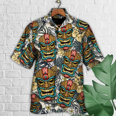 Tiki Tribal Mask With Tropical Leaves - Hawaiian Shirt - Owls Matrix LTD
