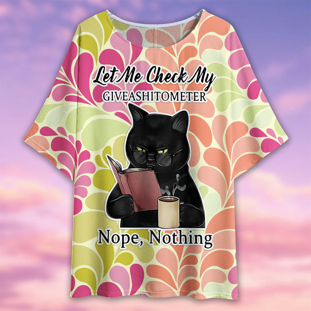 Black Cat Let Me Check My Giveashittometer - Women's T-shirt With Bat Sleeve - Owls Matrix LTD