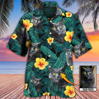 Black Cat Green Tropical Custom Photo - Hawaiian Shirt - Owls Matrix LTD