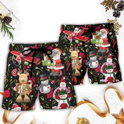 Christmas Joyful Santa Snowman Merry Xmas - Beach Short - Owls Matrix LTD