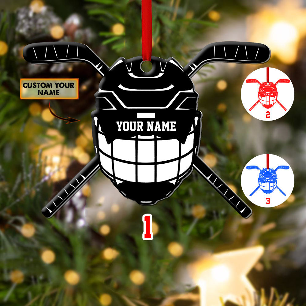 Hockey Helmet And Cross Stick Personalized - Custom Shape Ornament - Owls Matrix LTD