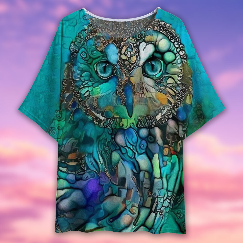 Owl Glass Art Style - Women's T-shirt With Bat Sleeve - Owls Matrix LTD