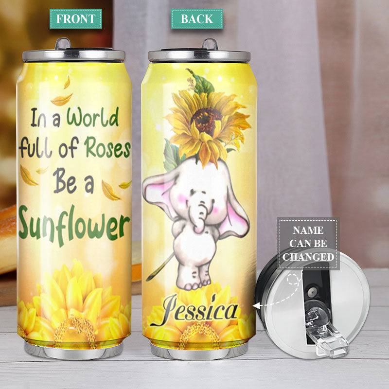 M Elephant And Sunflowers Full Of Roses Personalized - Soda Can Tumbler - Owls Matrix LTD