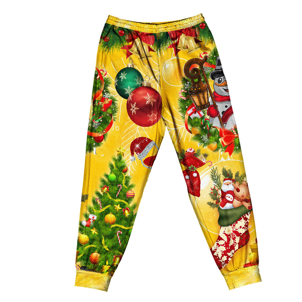 Pants / S Christmas Funny Snowman Happy Christmas Tree Yellow Light - Pajamas Short Sleeve - Owls Matrix LTD