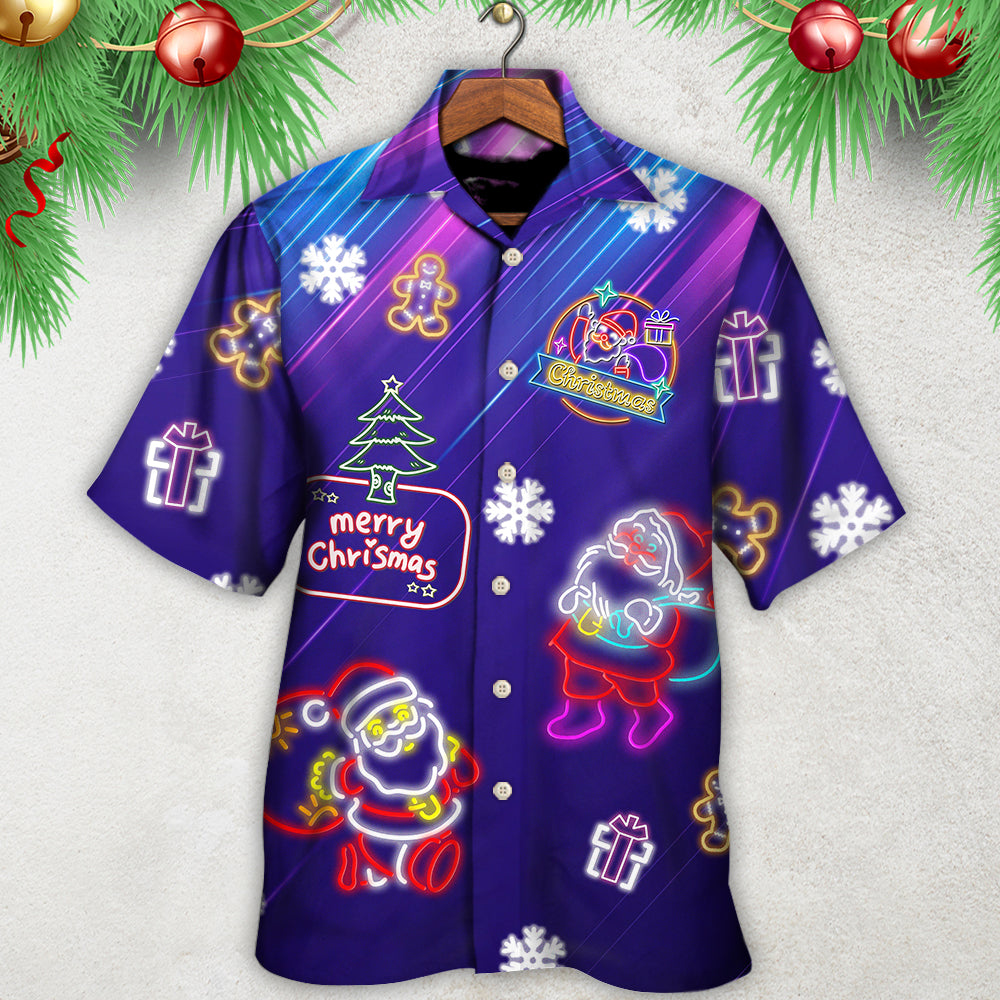 Christmas Santa Neon Light Xmas Party - Hawaiian Shirt - Owls Matrix LTD