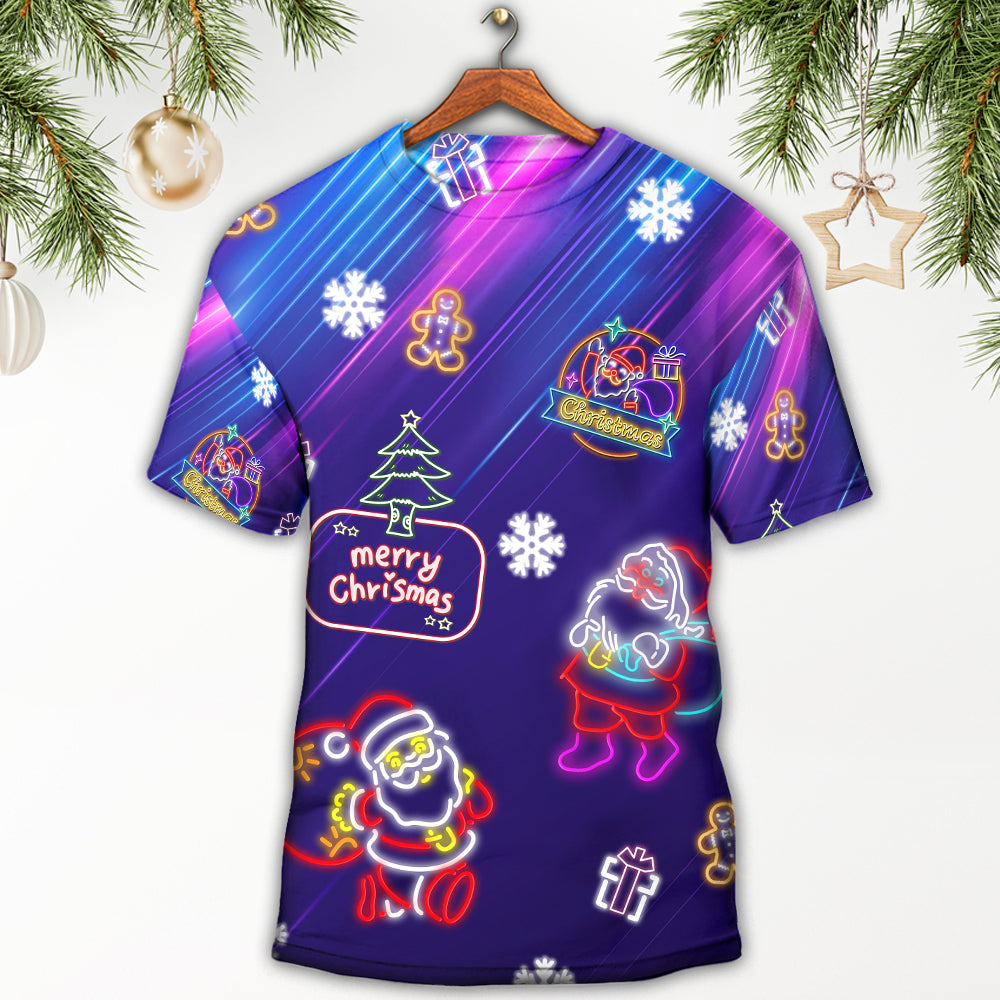 Christmas Santa Neon Light Xmas Party - Round Neck T-shirt - Owls Matrix LTD