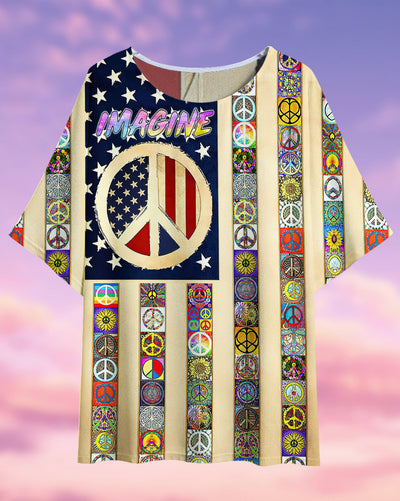 Hippie Imagine All The People Living Life In Peace Flag - Women's T-shirt With Bat Sleeve - Owls Matrix LTD