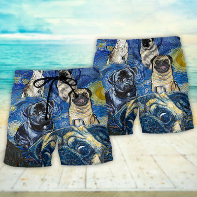 Pug Dog Cute Starry Night - Beach Short - Owls Matrix LTD