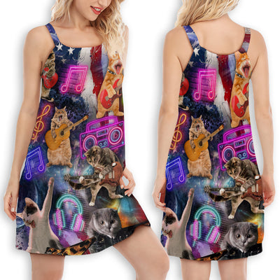 Cat Independence Day Cat Rocker Happy - Women's Sleeveless Cami Dress - Owls Matrix LTD