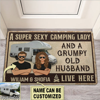 Camping A Super Sexy Camping Lady And A Grumpy Old Husband Live Here Custom Photo Personalized - Doormat - Owls Matrix LTD