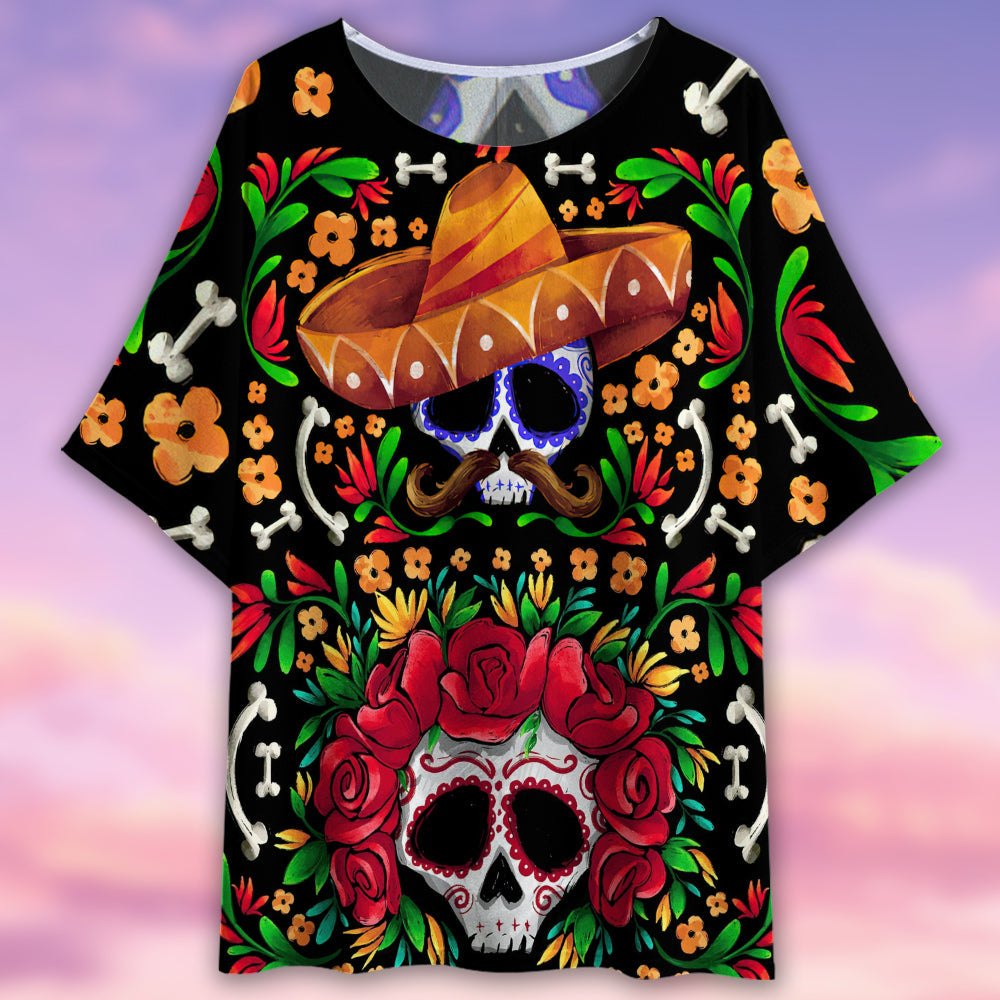 Sugar Skull Flower Skull Mexico - Women's T-shirt With Bat Sleeve - Owls Matrix LTD