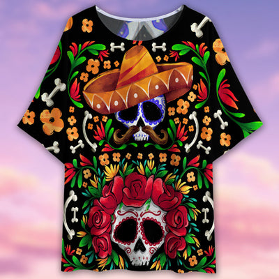 Sugar Skull Flower Skull Mexico - Women's T-shirt With Bat Sleeve - Owls Matrix LTD