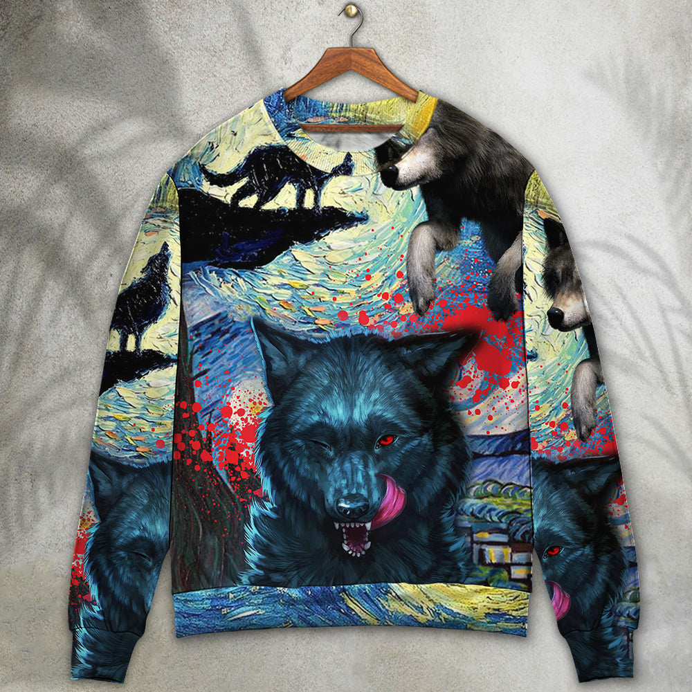 Halloween Black Wolf Crazy Starry Night Blood Art Style - Sweater - Ugly Christmas Sweaters - Owls Matrix LTD