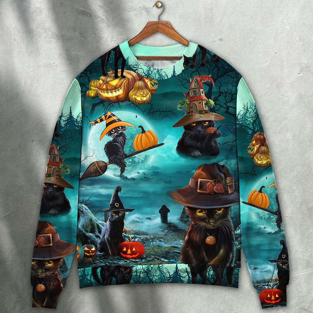 Halloween Black Cat Pumpkin Scary Style - Sweater - Ugly Christmas Sweaters - Owls Matrix LTD