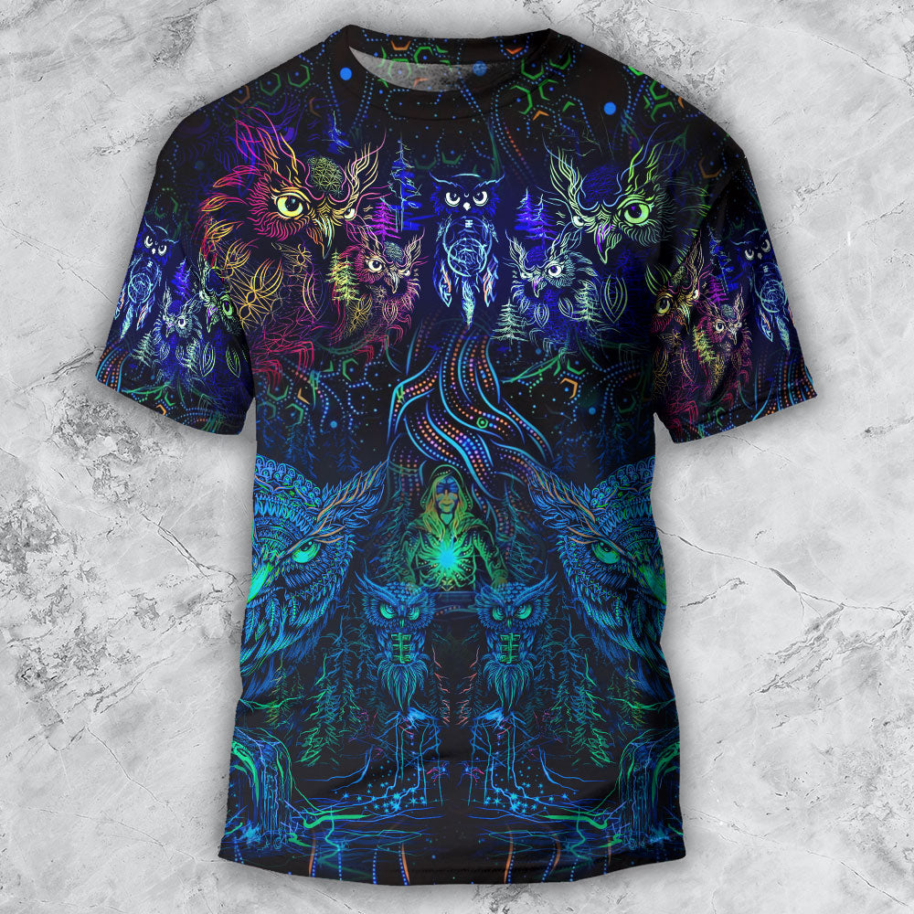 Owl And Witch Darkness Colorful - Round Neck T-shirt - Owls Matrix LTD