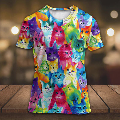 Cat Colorful Little Cute Kitten Happy Life - Round Neck T-shirt - Owls Matrix LTD