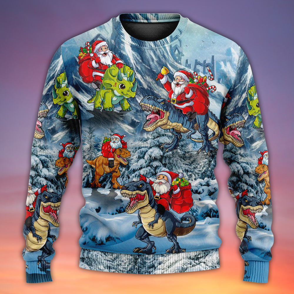 Christmas Santa Claus Riding Dinosaur Christmas Tree Gift Light Art Style - Sweater - Ugly Christmas Sweaters - Owls Matrix LTD