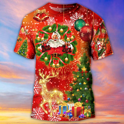 Christmas Santa Claus Drinking Christmas Tree Red Light - Round Neck T-shirt - Owls Matrix LTD