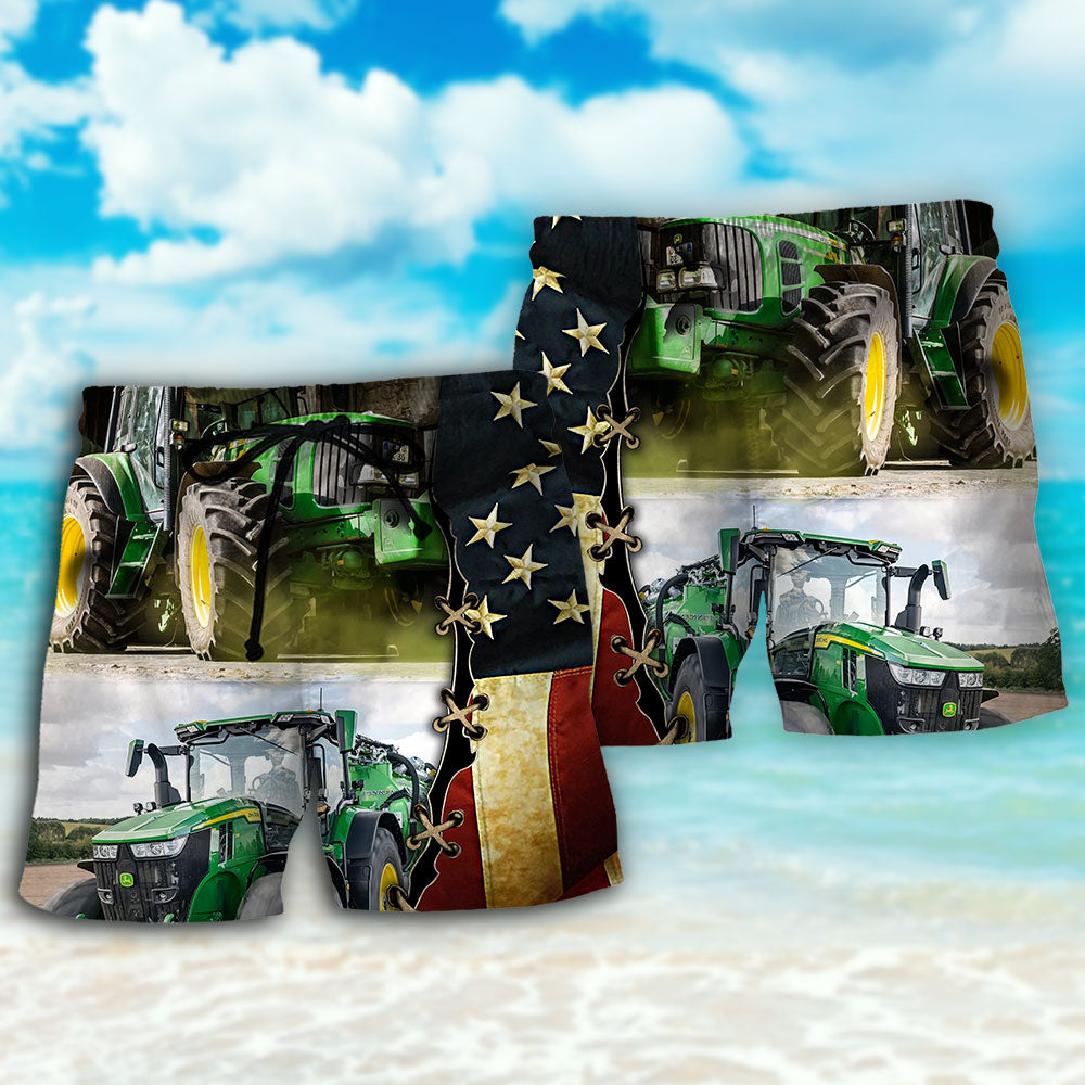 Tractor Independence Day Green Tractor US Flag - Beach Short - Owls Matrix LTD