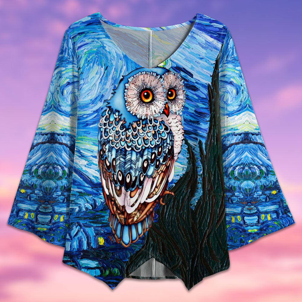 Owl Starry Night Art - V-neck T-shirt - Owls Matrix LTD
