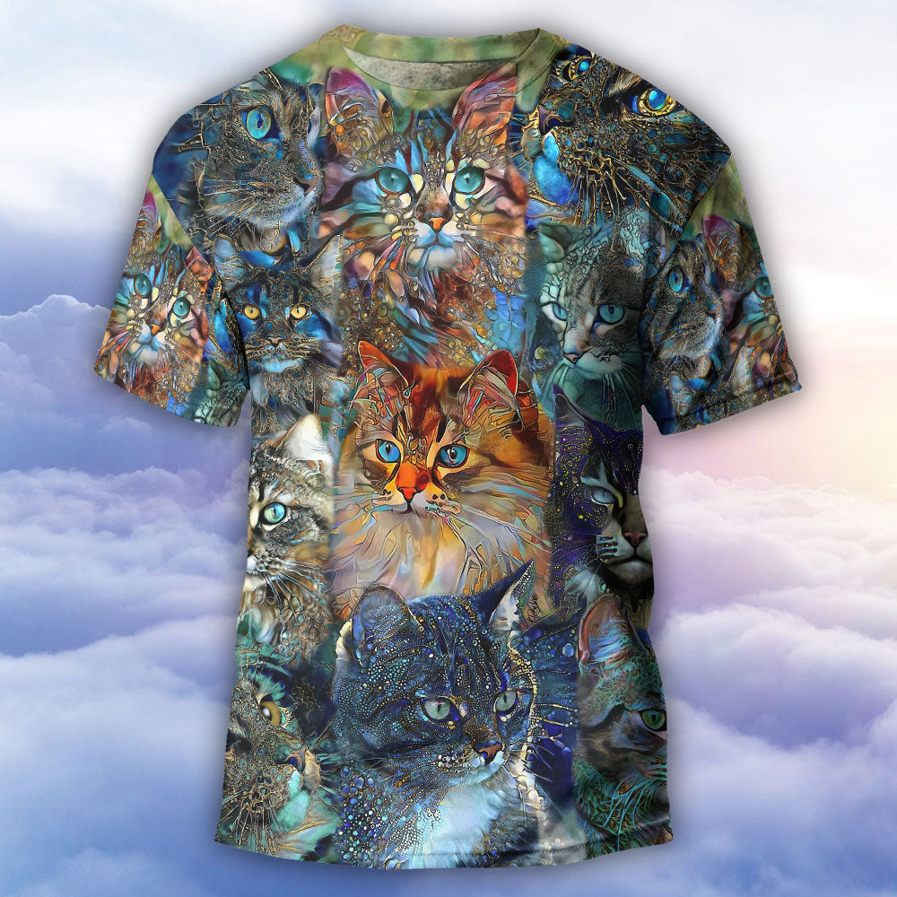 Cat Glass Art Colorful Cat Lover - Round Neck T-shirt - Owls Matrix LTD