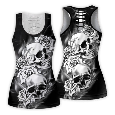 Skull And Rose Black And White Color - Tank Top Hollow - Owls Matrix LTD