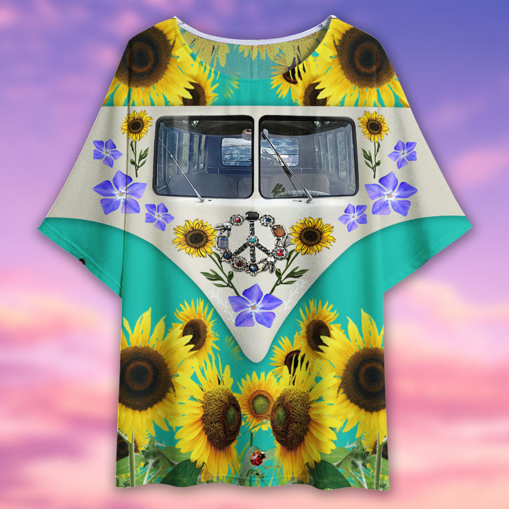 Hippie Peace Bus With Sunflowers - Women's T-shirt With Bat Sleeve - Owls Matrix LTD