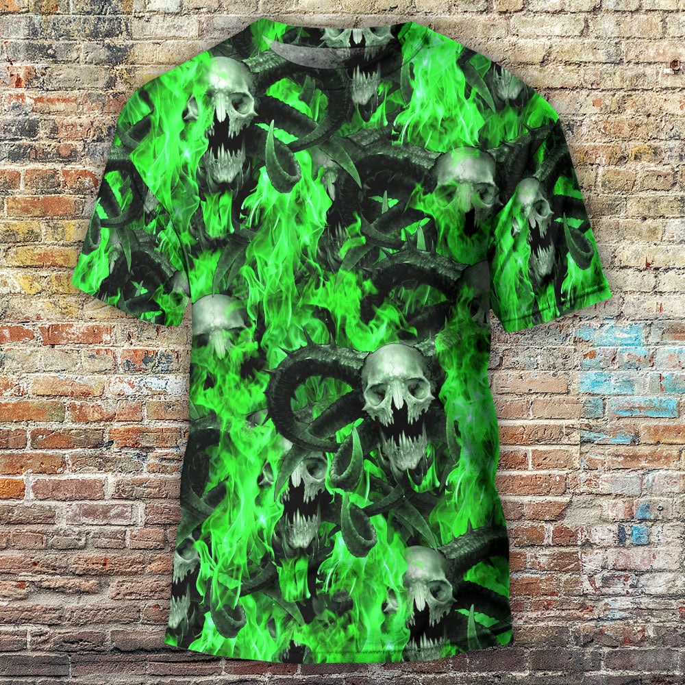 Skull Green Flame Burn - Round Neck T-shirt - Owls Matrix LTD