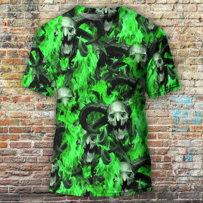 Skull Green Flame Burn - Round Neck T-shirt - Owls Matrix LTD