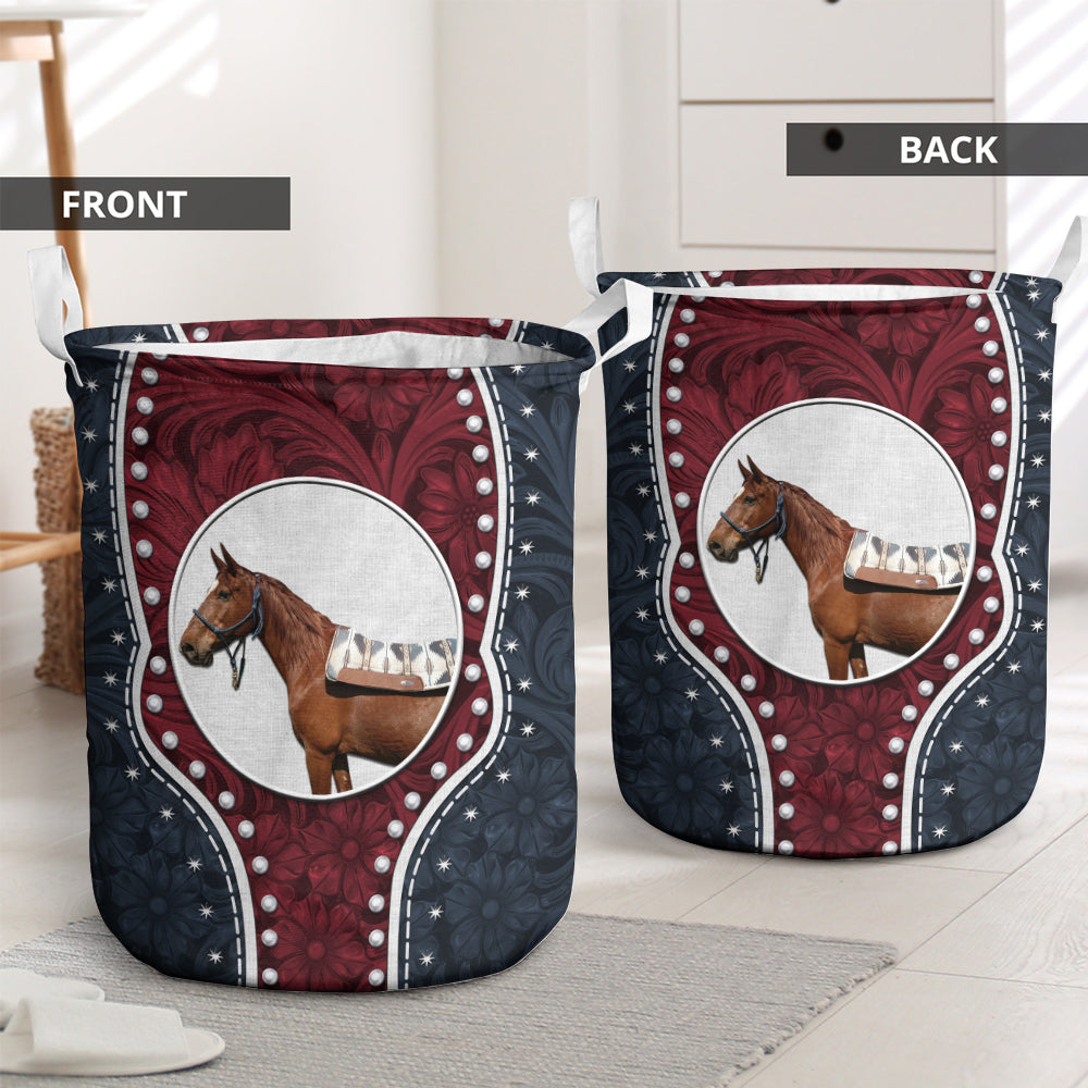 S: 17.72”x13.78” (45x35 cm) Horse Navy Leather Blue And Red For Belva - Laundry Basket - Owls Matrix LTD