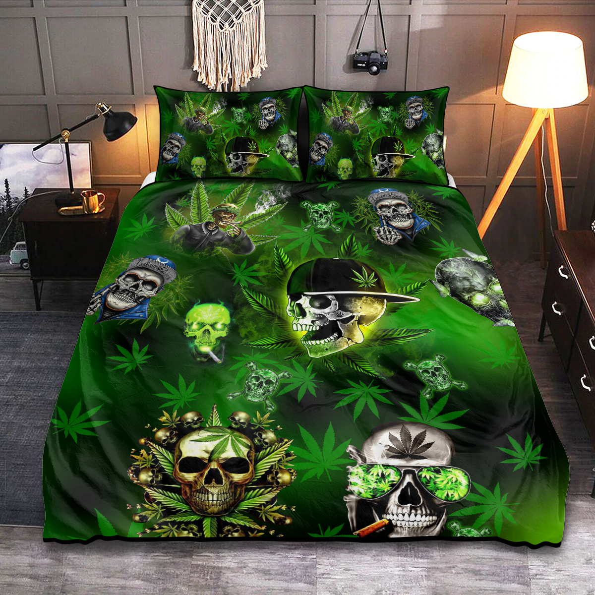 Skull Let's Get High Green - Bedding Cover - Owls Matrix LTD