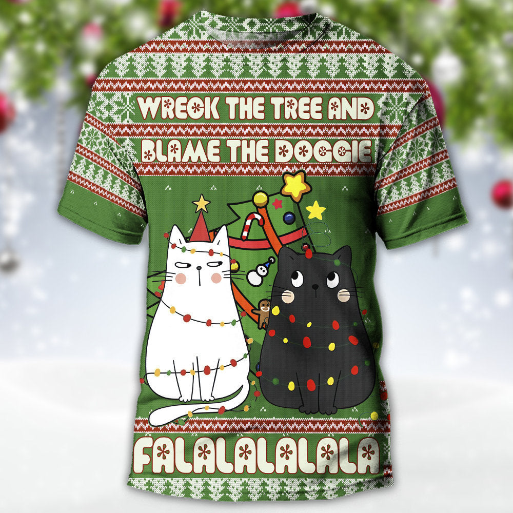 Cat Wreck The Tree Meowy Christmas - Round Neck T-shirt - Owls Matrix LTD