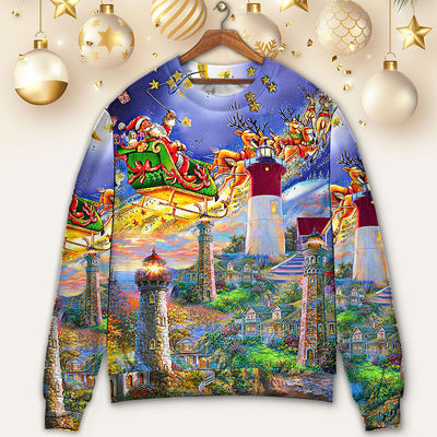 Lighthouse Christmas Santa Home The Light Is - Sweater - Ugly Christmas Sweaters - Owls Matrix LTD
