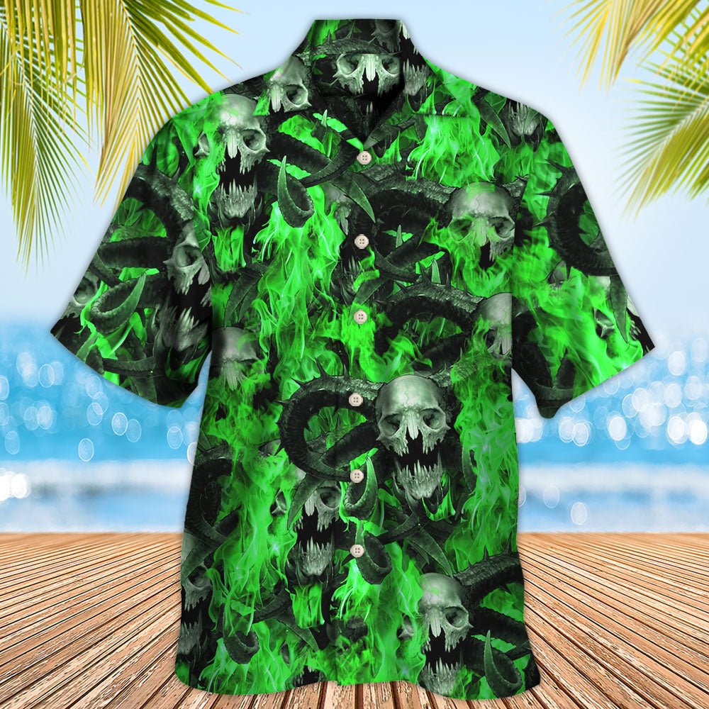 Skull Green Flame Burn - Hawaiian Shirt - Owls Matrix LTD