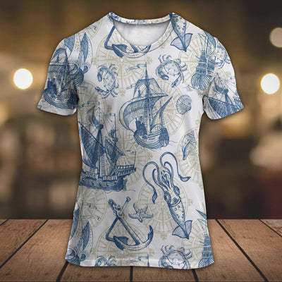 Ocean Life Vintage Sailboat Sea Monster Geographical Maps - Round Neck T-shirt - Owls Matrix LTD