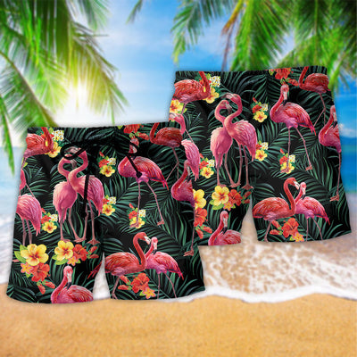 Flamingo Couple Love Flowers - Beach Short - Owls Matrix LTD
