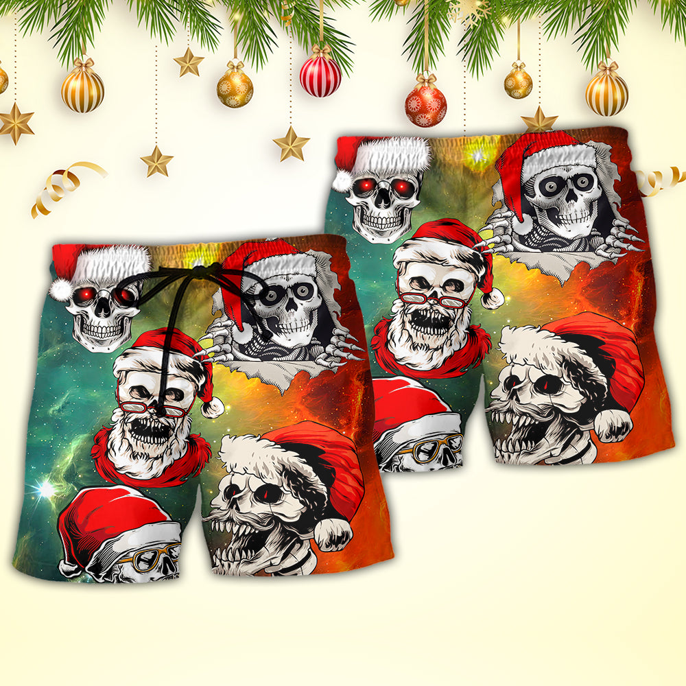 Christmas Bad Santa Skull Love Xmas Galaxy - Beach Short - Owls Matrix LTD