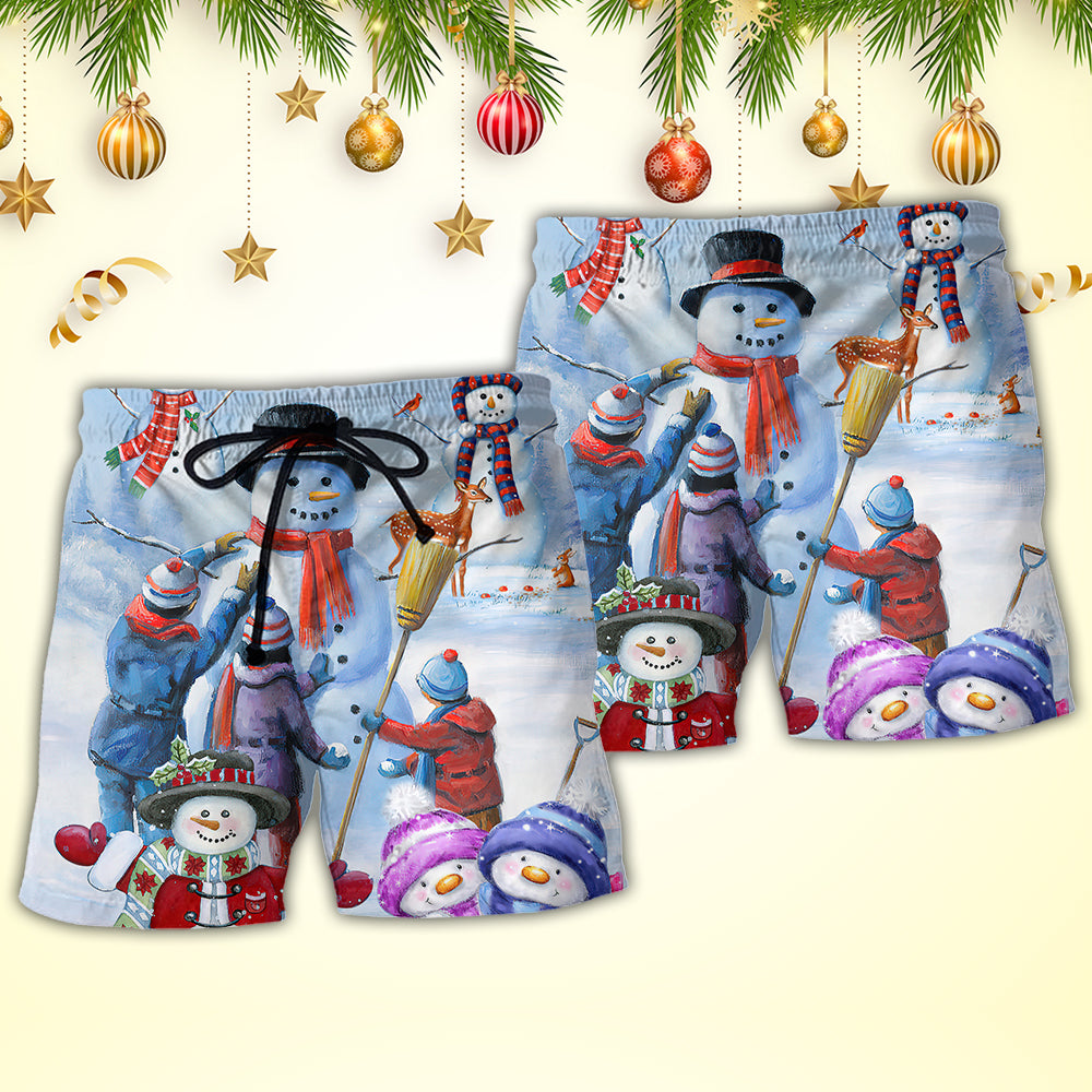 Christmas Snowman Family In Love So Happy Xmas Art Style - Beach Short - Owls Matrix LTD