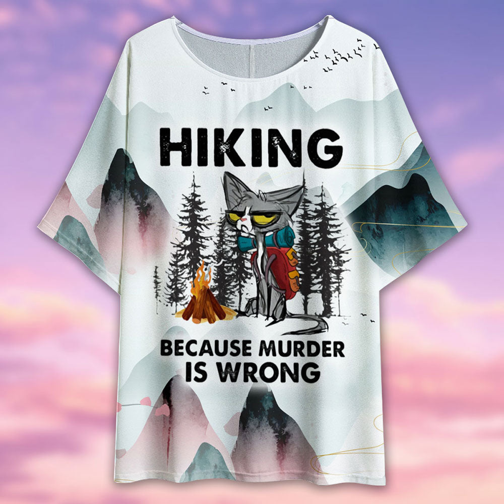 Cat Hiking Because Murder Is Wrong - Women's T-shirt With Bat Sleeve - Owls Matrix LTD