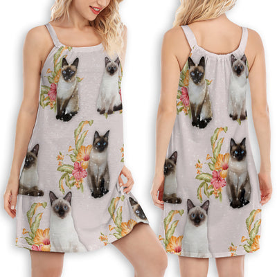 Cat Tropical Floral Siamese Cat - Women's Sleeveless Cami Dress - Owls Matrix LTD