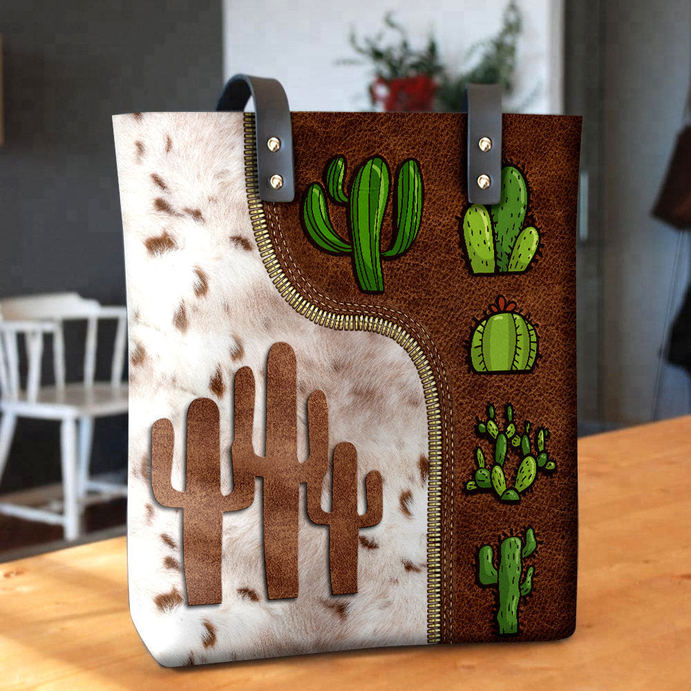 Cactus In Desert With Blossom - Leather Hand Bag - Owls Matrix LTD